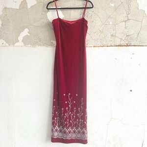 Vtg Velvet Maxi Dress Red Slip Gown Metallic Silver 90s‎ Whimsigoth USA Made S